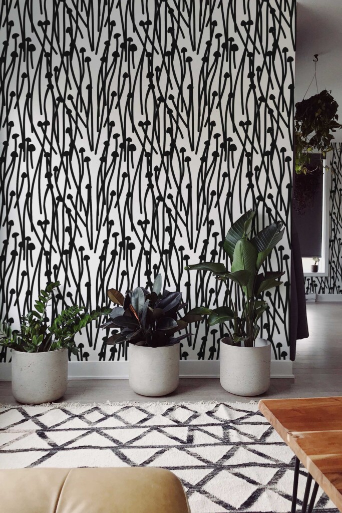 Black and white self-adhesive wallpaper with slim mushrooms by Fancy Walls