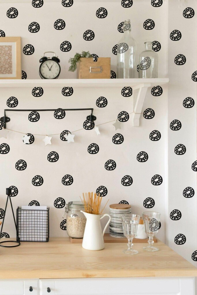 Light farmhouse style kitchen decorated with Small abstract circle peel and stick wallpaper