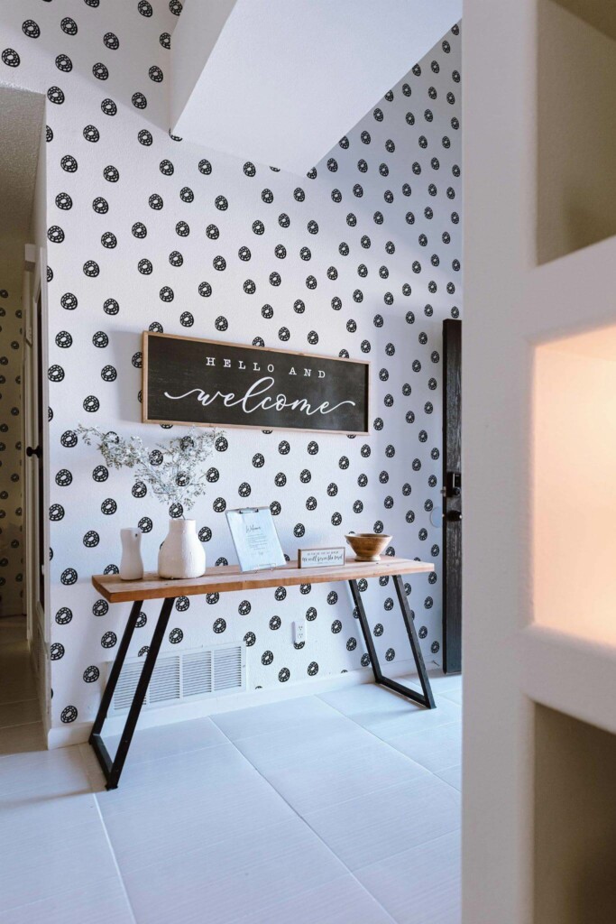 Minimal farmhouse style entryway decorated with Small abstract circle peel and stick wallpaper