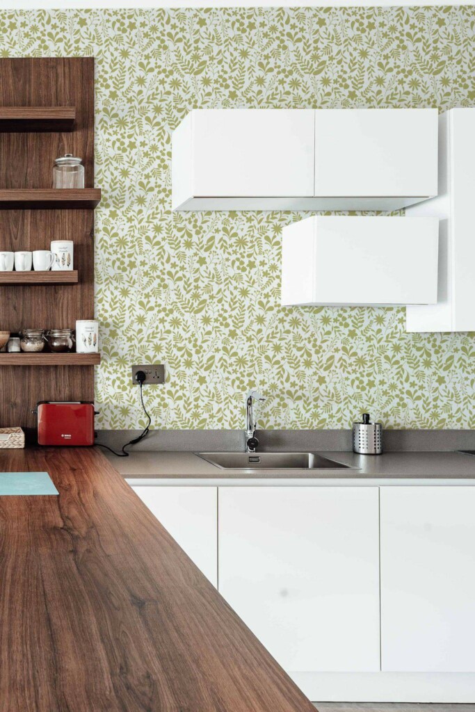 Rustic Scandinavian style kitchen decorated with Small floral peel and stick wallpaper