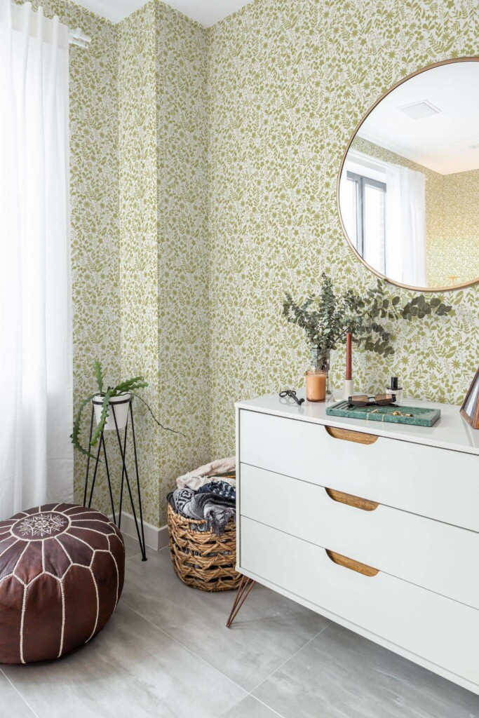 Scandinavian style bedroom decorated with Small floral peel and stick wallpaper and Mediterranean accents