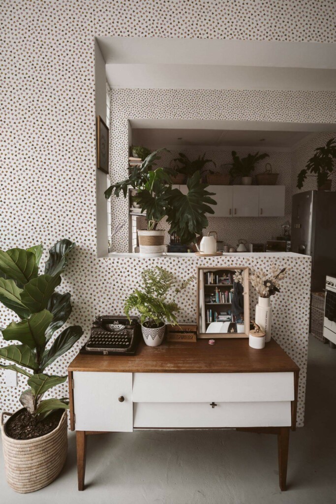Boho style living room and kitchen decorated with Small hearts peel and stick wallpaper and green plants
