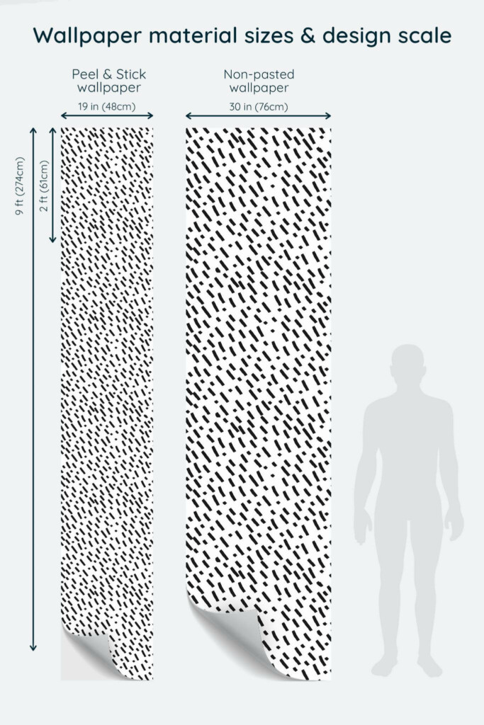 Size comparison of Small lines Peel & Stick and Non-pasted wallpapers with design scale relative to human figure