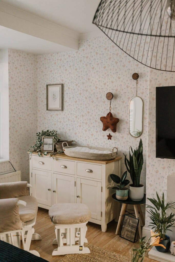 Neutral style nursery decorated with Small pastel flowers peel and stick wallpaper