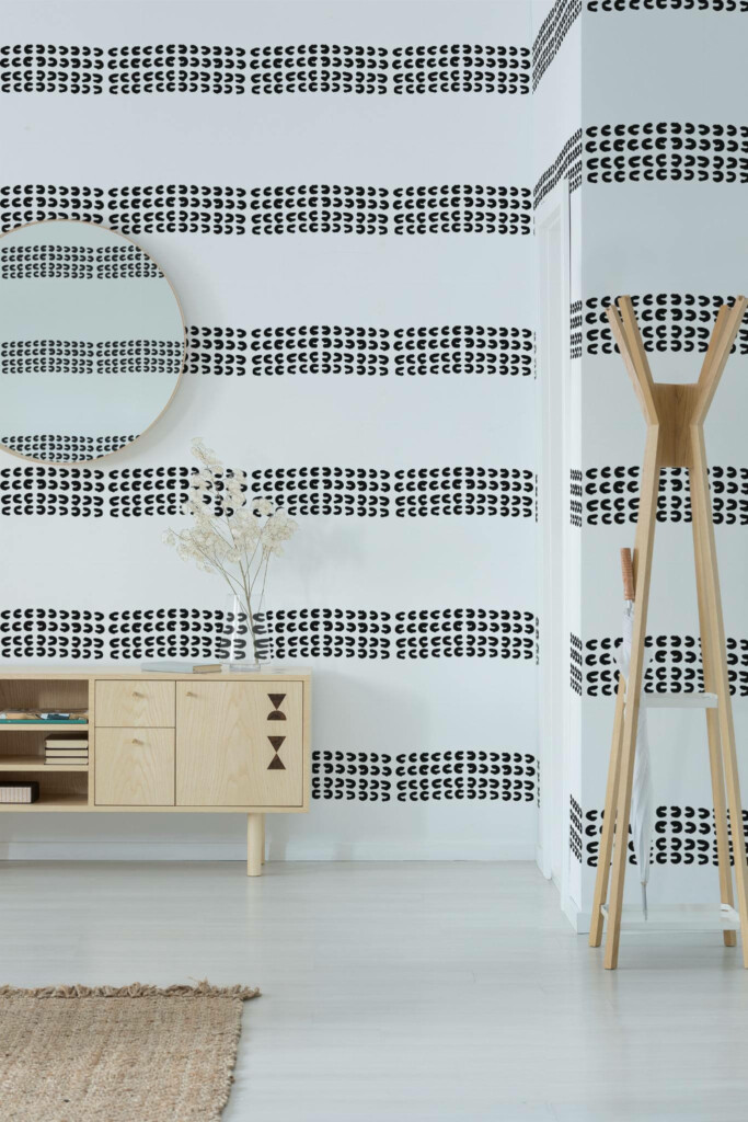 Minimal style entryway decorated with Small print stripes peel and stick wallpaper
