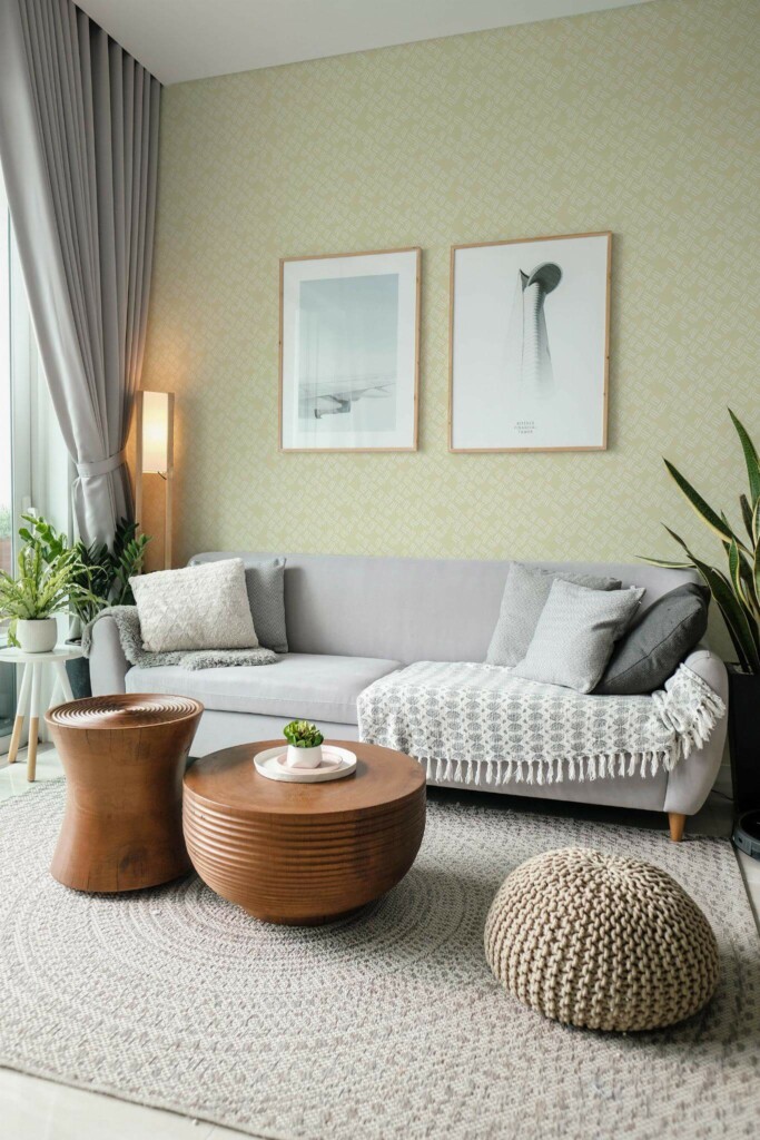 Modern scandinavian style living room decorated with Small stripes peel and stick wallpaper and green plants
