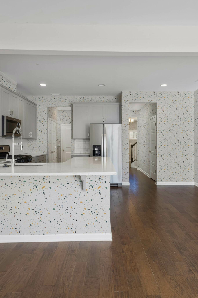 Minimal scandinavian style kitchen decorated with Small Terrazzo peel and stick wallpaper