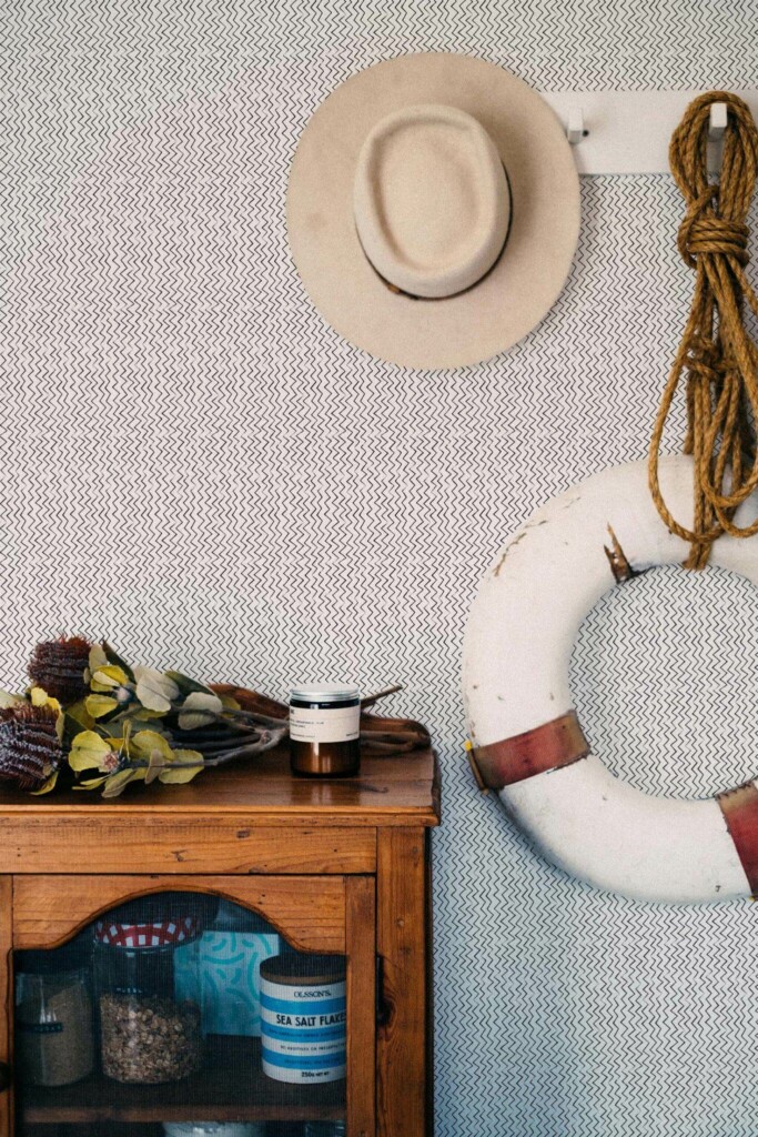 Coastal nautical style living room decorated with Small zig zag peel and stick wallpaper