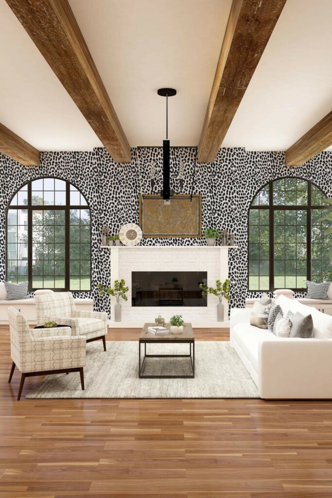 Light farmhouse style living room decorated with Snow leopard pattern peel and stick wallpaper