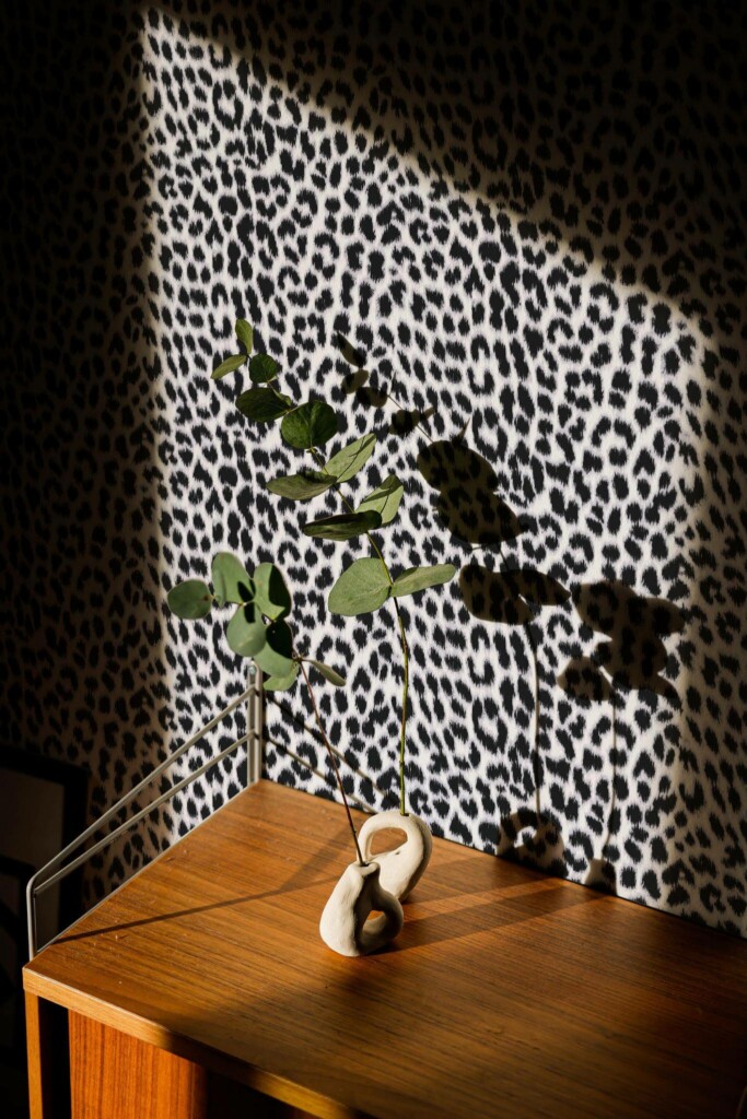 Mid-century style living room decorated with Snow leopard pattern peel and stick wallpaper