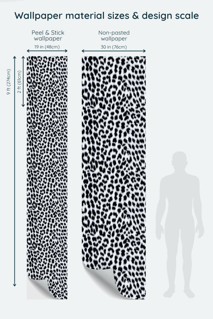 Size comparison of Snow leopard pattern Peel & Stick and Non-pasted wallpapers with design scale relative to human figure