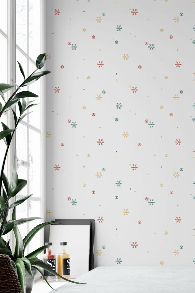 Minimal style home office decorated with Snowflakes peel and stick wallpaper