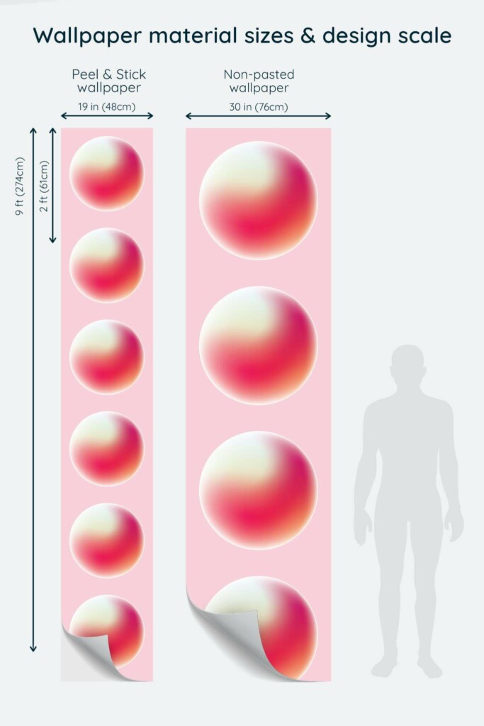 Size comparison of Soft circle Peel & Stick and Non-pasted wallpapers with design scale relative to human figure
