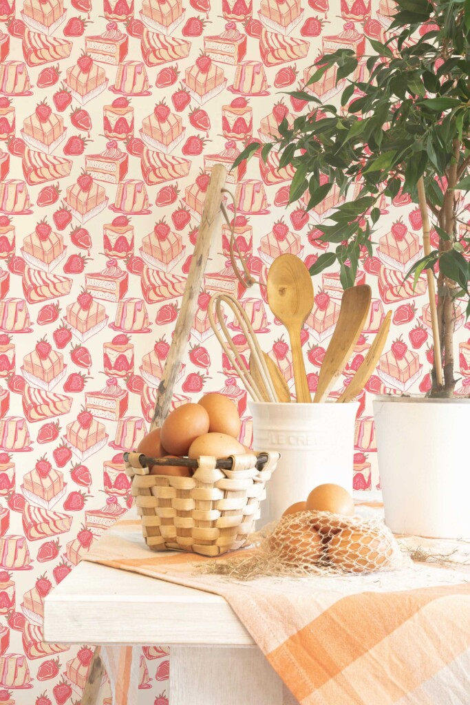 Self-adhesive wallpaper featuring playful pink bakery patterns by Fancy Walls