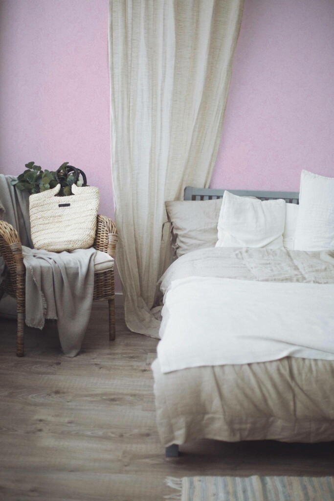 Boho style bedroom decorated with Soft pink peonies peel and stick wallpaper