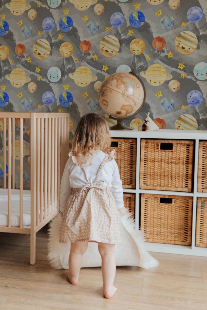 Gender neutral style kids room decorated with Solar system peel and stick wallpaper