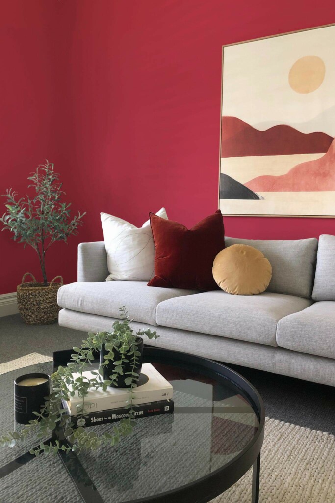 Boho style living room decorated with Solid color burgundy peel and stick wallpaper