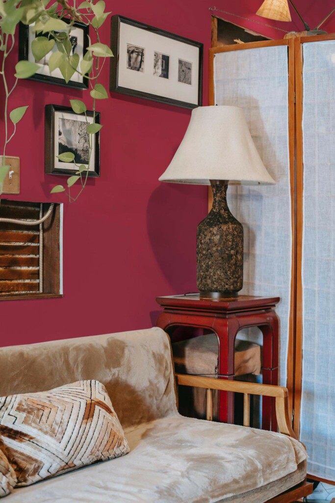 Southwestern style living room decorated with Solid color burgundy peel and stick wallpaper