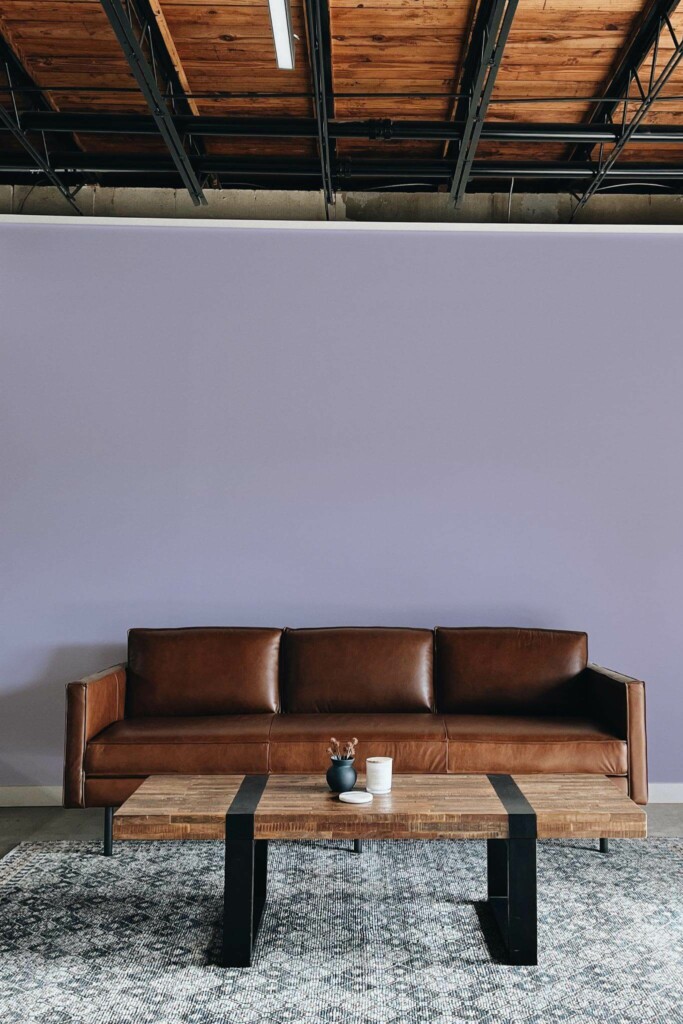 Industrial rustic style living room decorated with Solid color lilac peel and stick wallpaper