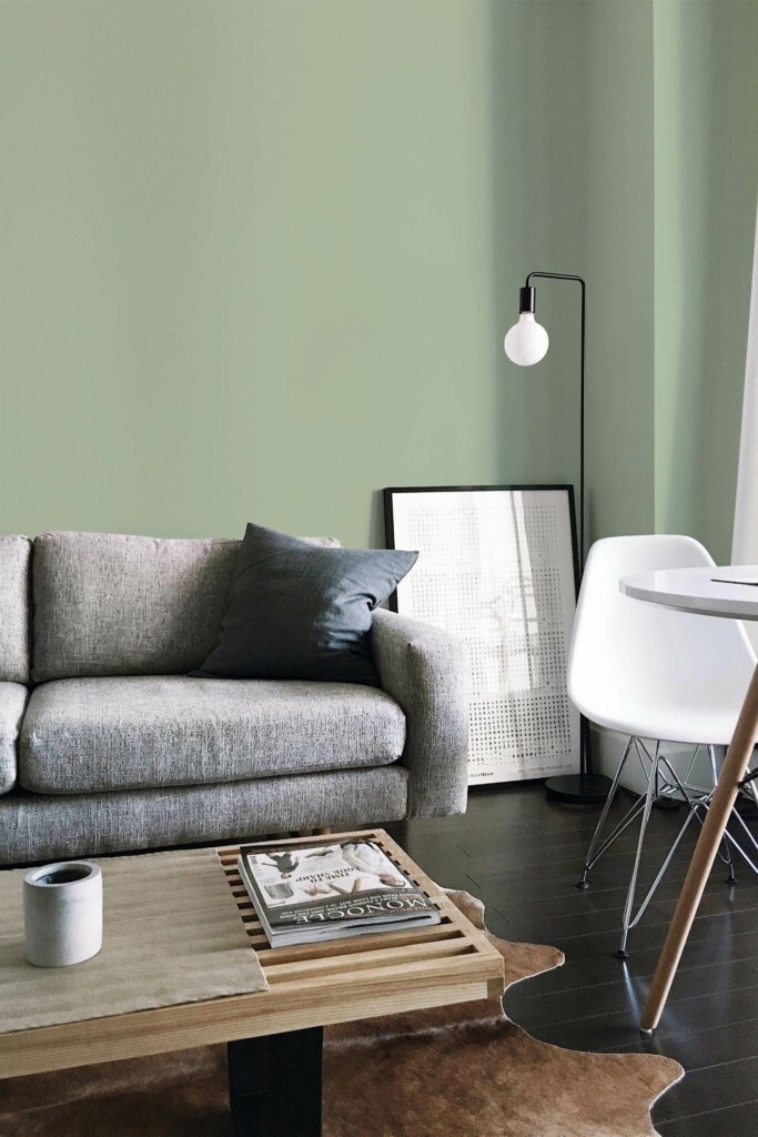 Industrial scandinavian style living room decorated with Solid color sage green peel and stick wallpaper