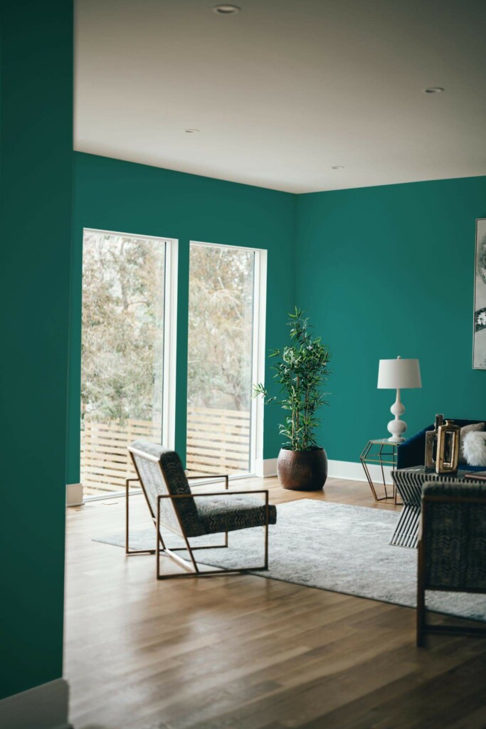Modern style living room decorated with Solid color teal peel and stick wallpaper