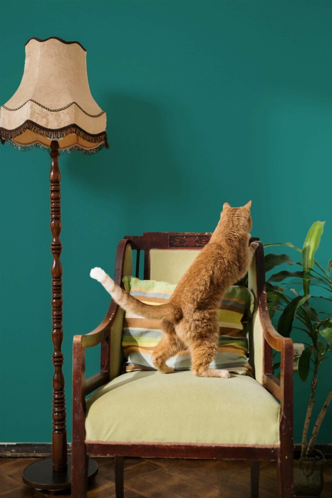 Victorian style living room with a cat decorated with Solid color teal peel and stick wallpaper