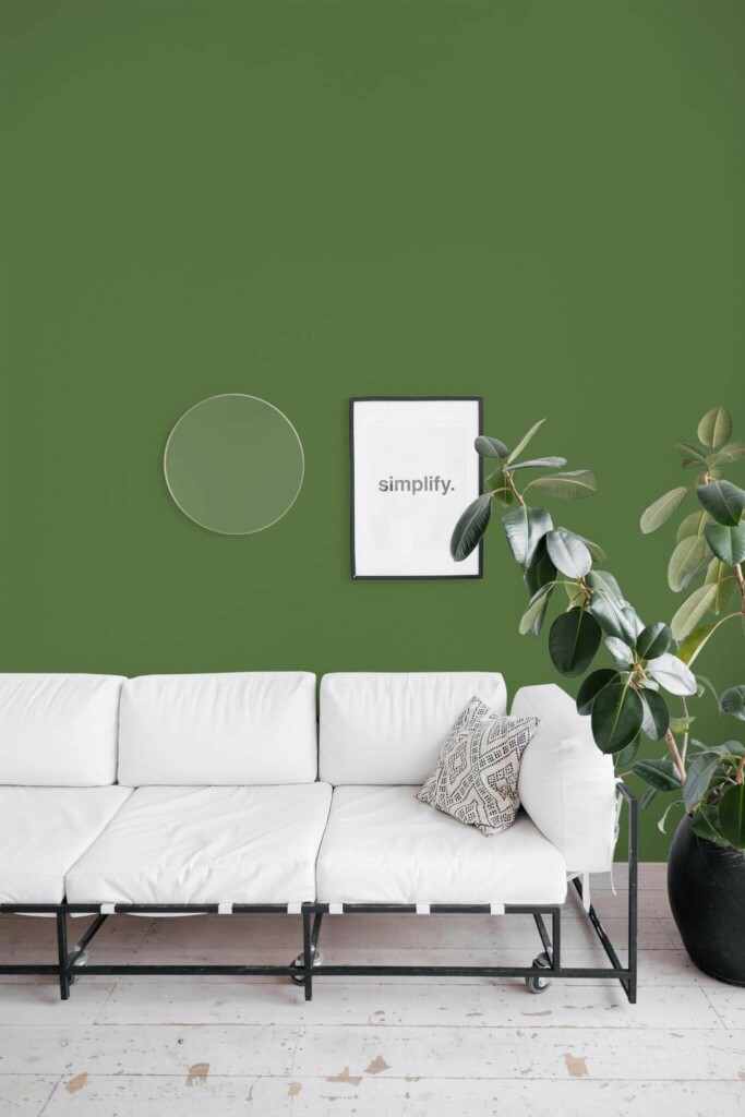 Minimal industrial style living room decorated with Solid grass green peel and stick wallpaper