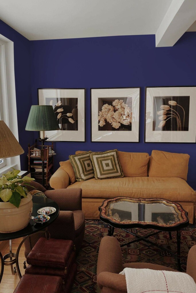 Mid-century eclectic style living room decorated with Solid navy blue peel and stick wallpaper