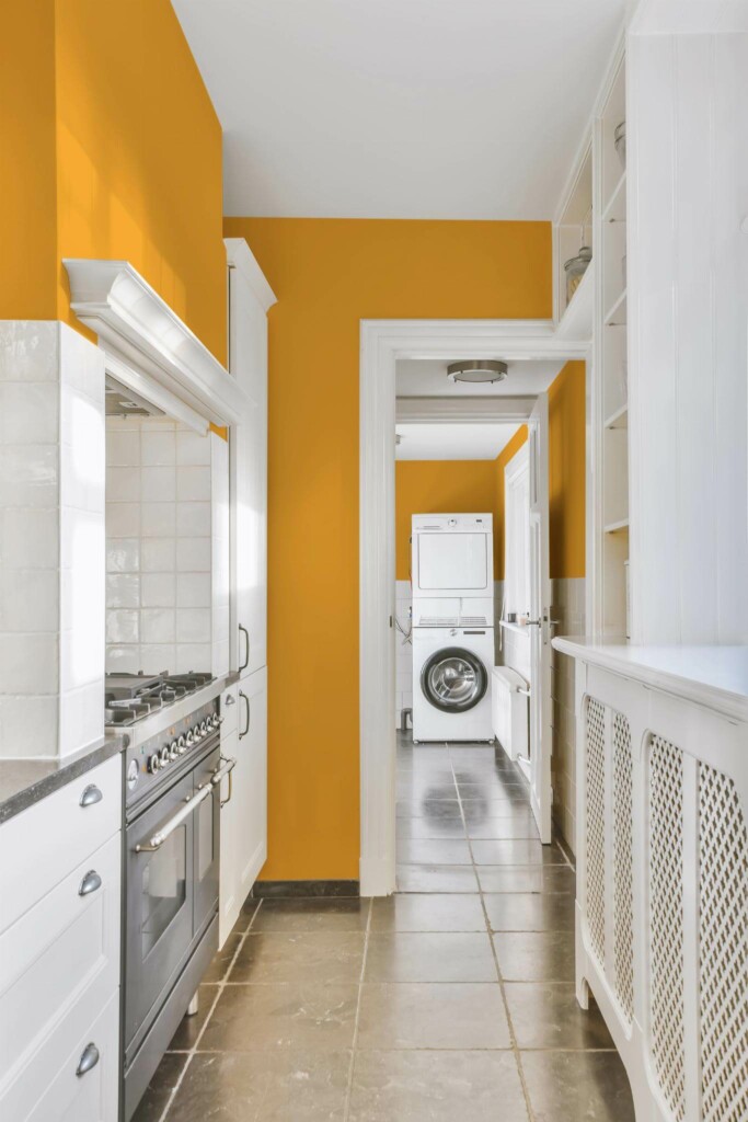 Minimal farmhouse style laundry room decorated with Solid orange peel and stick wallpaper