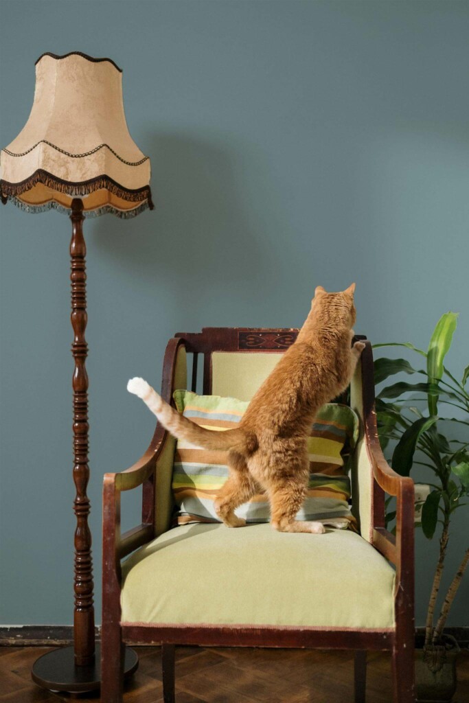 Victorian style living room with a cat decorated with Solid powder blue peel and stick wallpaper