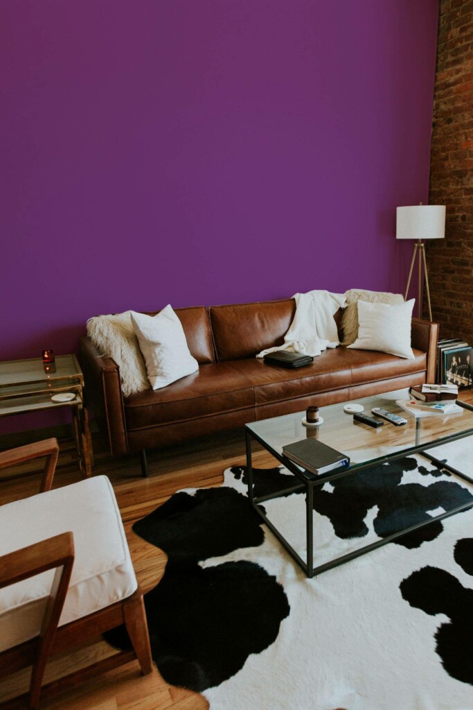 Mid-century modern style living room decorated with Solid purple peel and stick wallpaper
