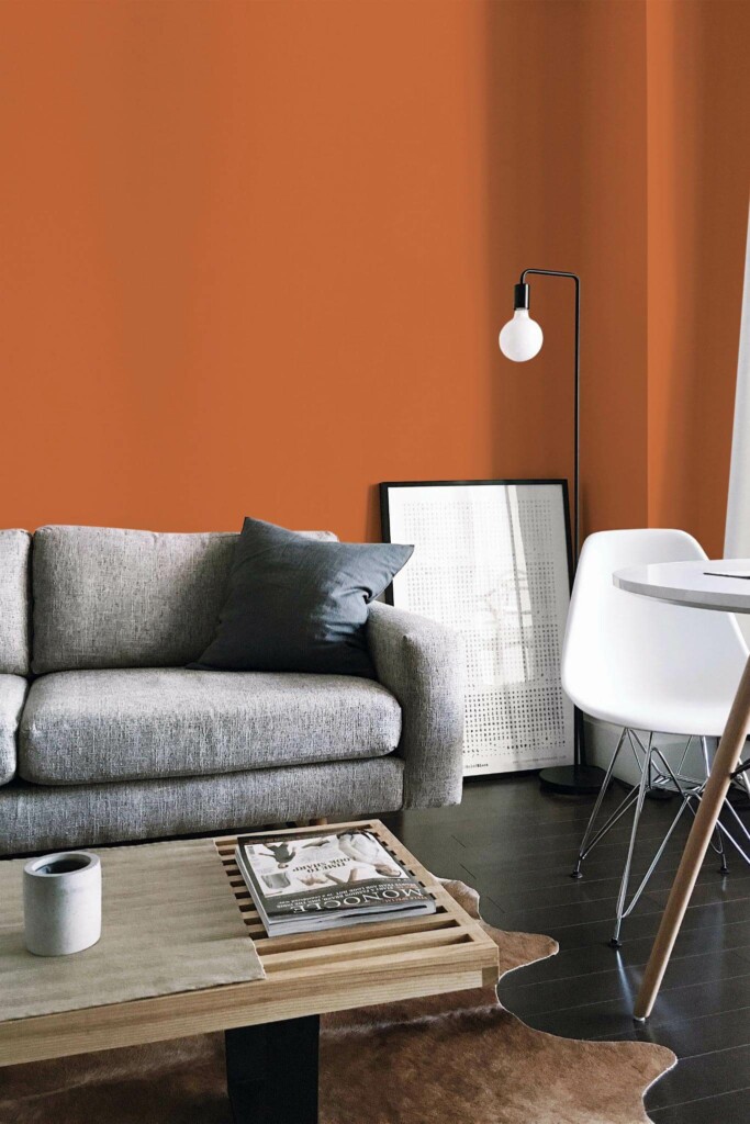 Industrial scandinavian style living room decorated with Solid terracotta peel and stick wallpaper