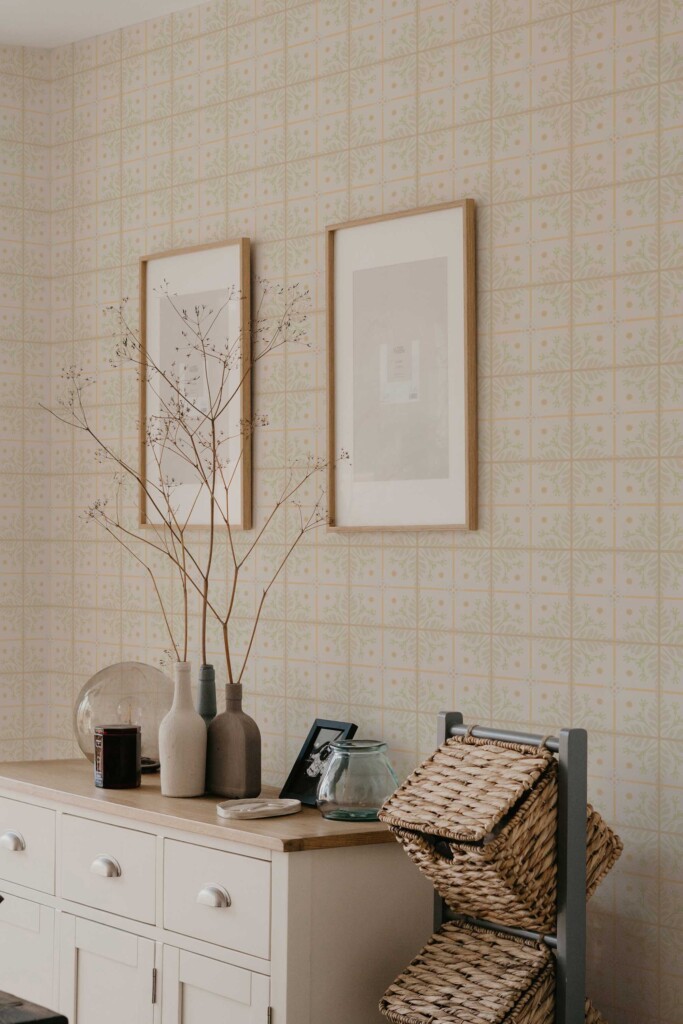 Minimalist living space styled with framed wall art and natural vases in front of a beige floral tile wallpaper. The soft, symmetrical design adds texture and balance to the room, making it perfect for spa-themed interiors, Scandinavian décor, or peaceful reading corners.