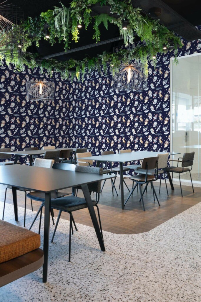 Modern style cafe decorated with Space nursery peel and stick wallpaper