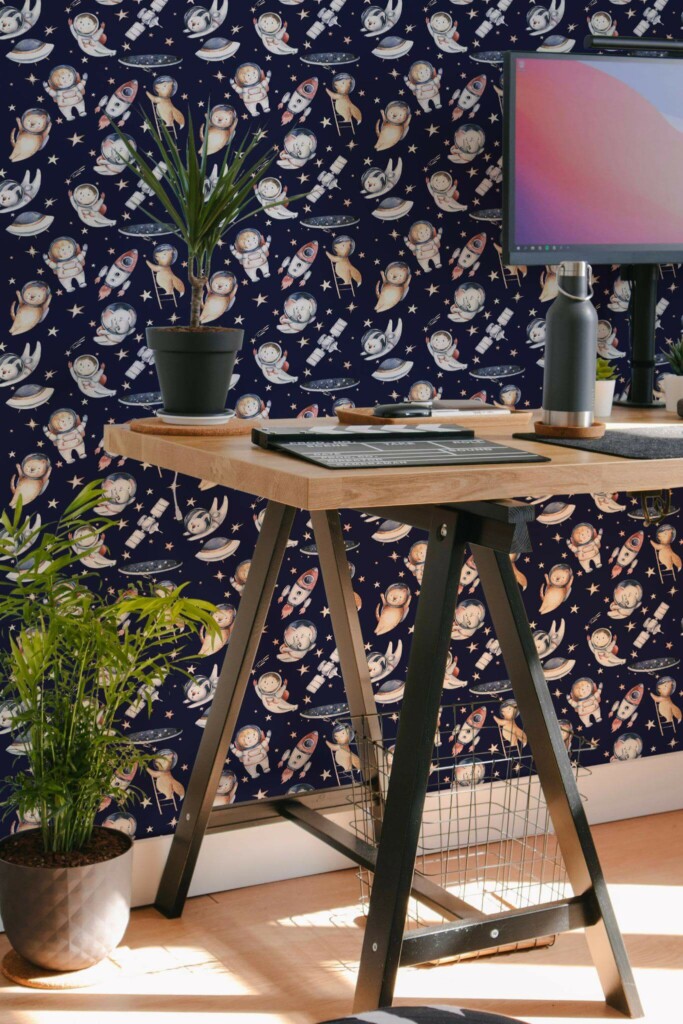 Scandinavian style home office decorated with Space nursery peel and stick wallpaper