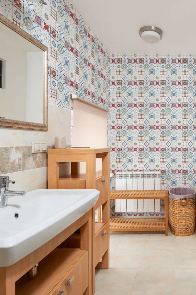 Mid-century modern style bathroom decorated with Spanish Tile peel and stick wallpaper