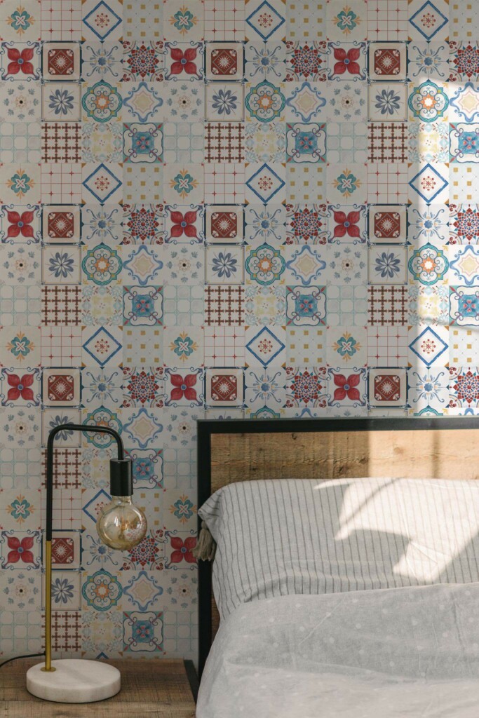 Minimal modern style bedroom decorated with Spanish Tile peel and stick wallpaper
