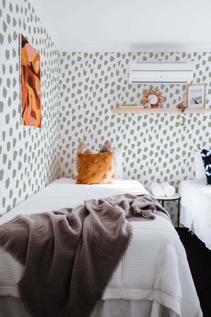 Boho style bedroom decorated with Speckle peel and stick wallpaper