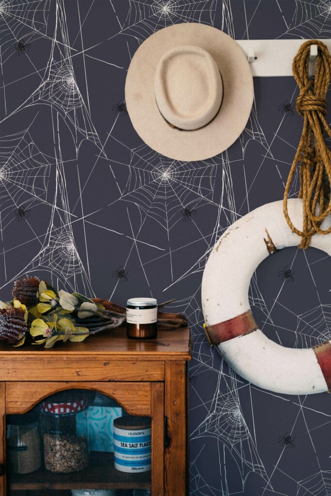 Coastal nautical style living room decorated with Spiderweb peel and stick wallpaper