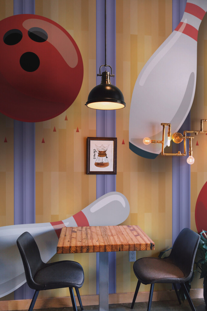 Wall paper mural showing close-up bowling pins and balls with vivid shadows and striped details, designed for modern fitness or play spaces. The Fancy Walls peel and stick or non-pasted wallpaper.