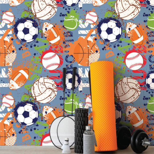 Abstract graffiti wall mural with colorful sports balls in sports room interior