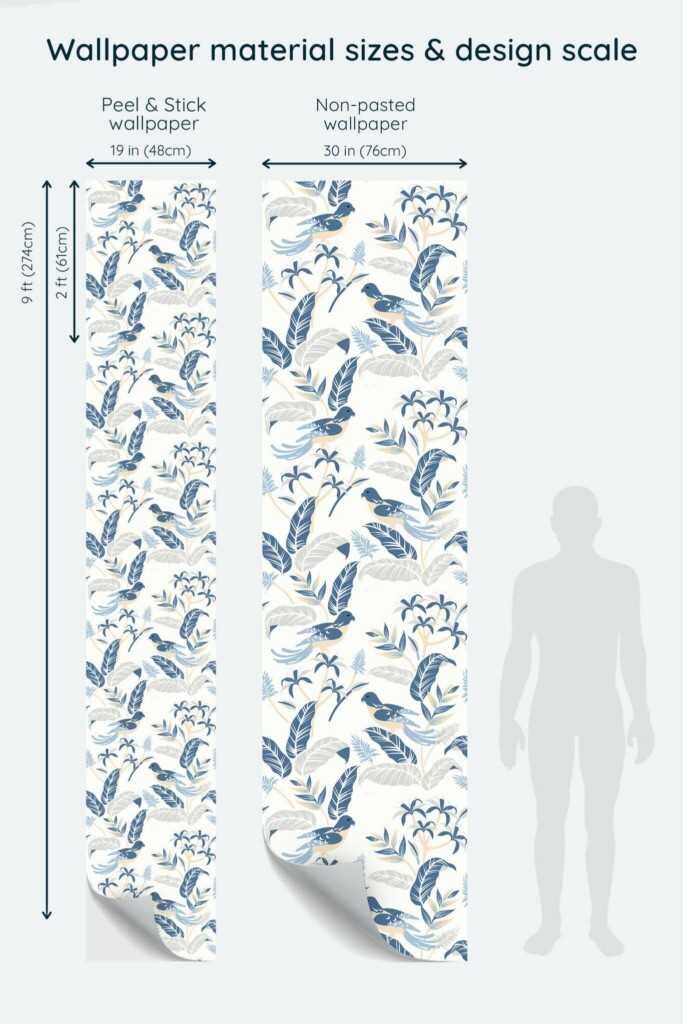 Size comparison of Spring bird Peel & Stick and Non-pasted wallpapers with design scale relative to human figure