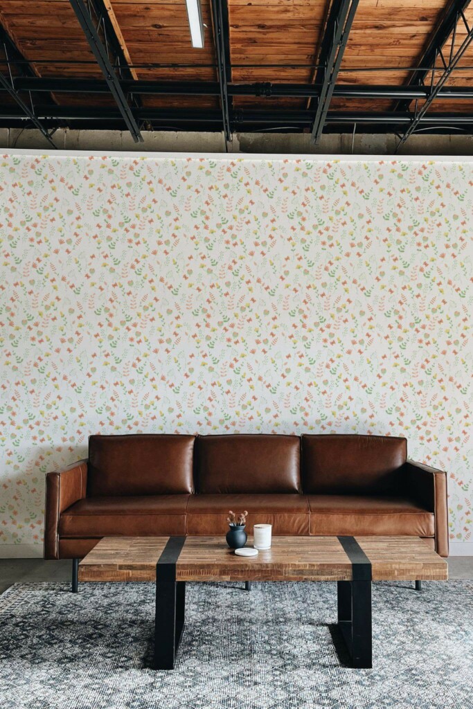 Industrial rustic style living room decorated with Spring flowers peel and stick wallpaper