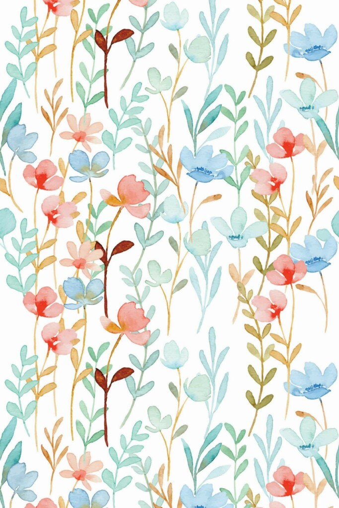 Pattern repeat of Spring flowers watercolor removable wallpaper design