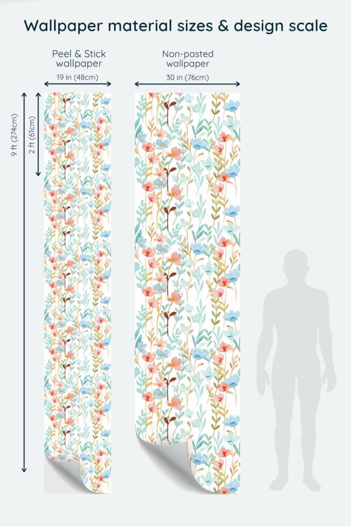 Size comparison of Spring flowers watercolor Peel & Stick and Non-pasted wallpapers with design scale relative to human figure
