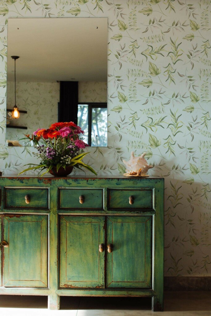 Industrial style living room decorated with Spring leaf peel and stick wallpaper