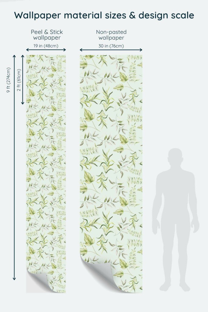 Size comparison of Spring leaf Peel & Stick and Non-pasted wallpapers with design scale relative to human figure