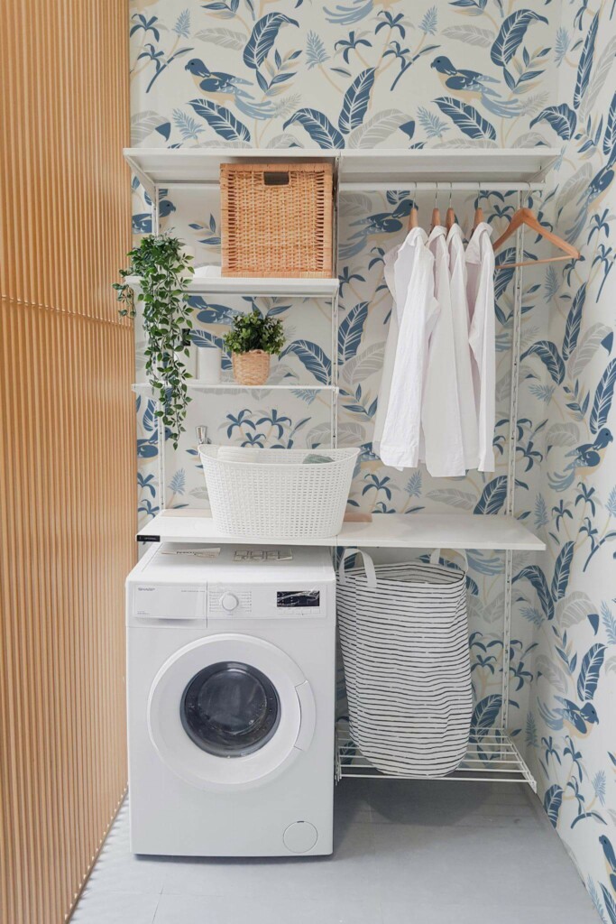 Boho modern style laundry room decorated with Spring peel and stick wallpaper