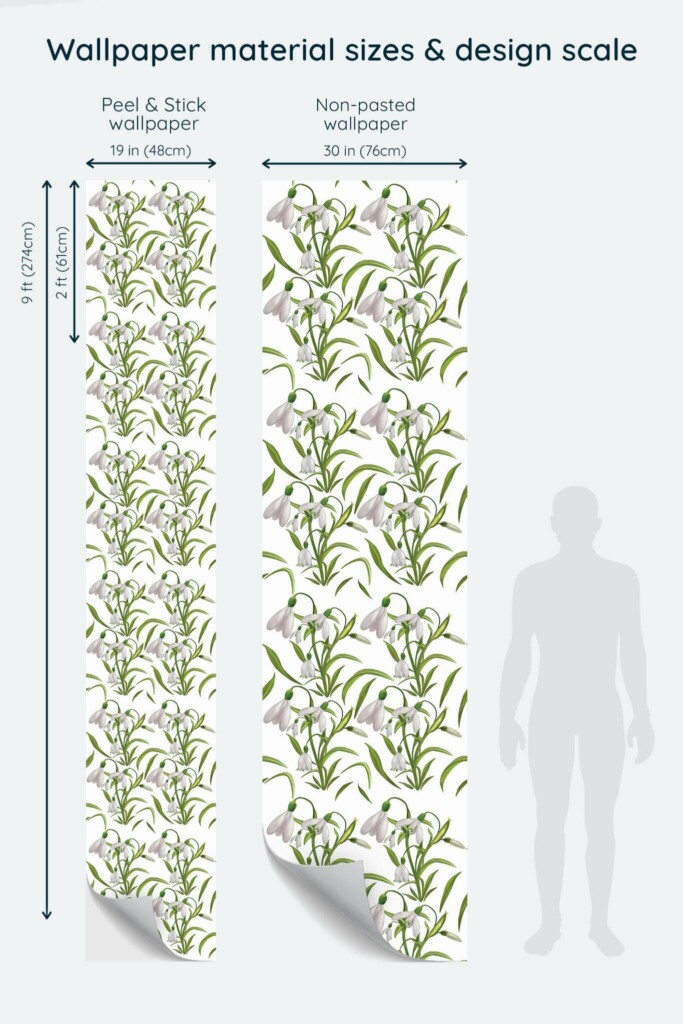 Size comparison of Spring snowdrop Peel & Stick and Non-pasted wallpapers with design scale relative to human figure