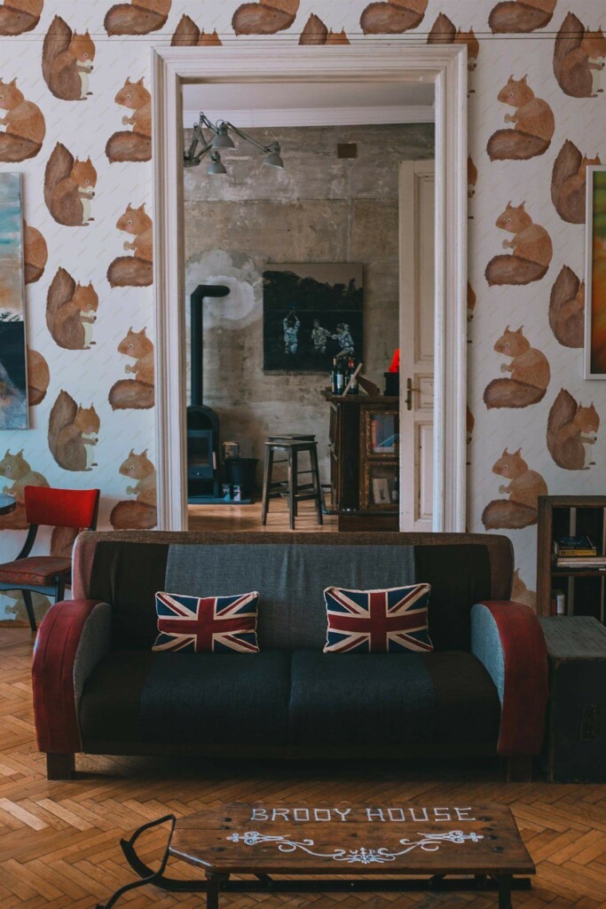 Industrial rustic style living dining room decorated with Squirrels and nuts peel and stick wallpaper